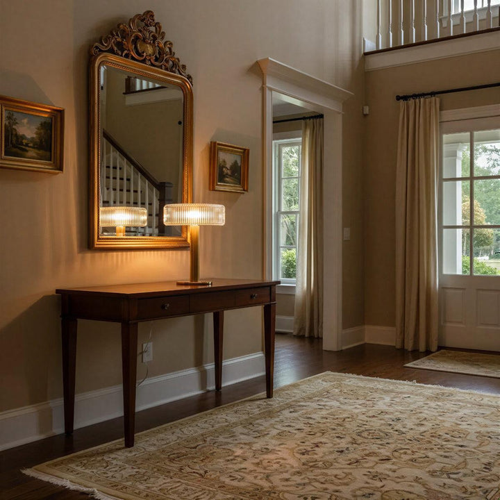 Art Deco Table Lamp With Fluted Glass Architectural Design
