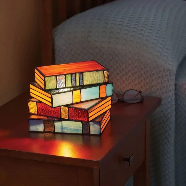 Bedside Table Lamp With Stacked Books Design And Ambient Glow