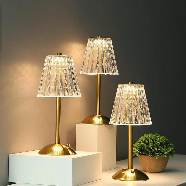 Cordless Rechargeable Dimmable Crystal Table Lamp With Ribbed Shade Illumination