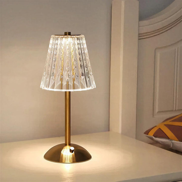 Cordless Rechargeable Dimmable Crystal Table Lamp With Ribbed Shade Illumination