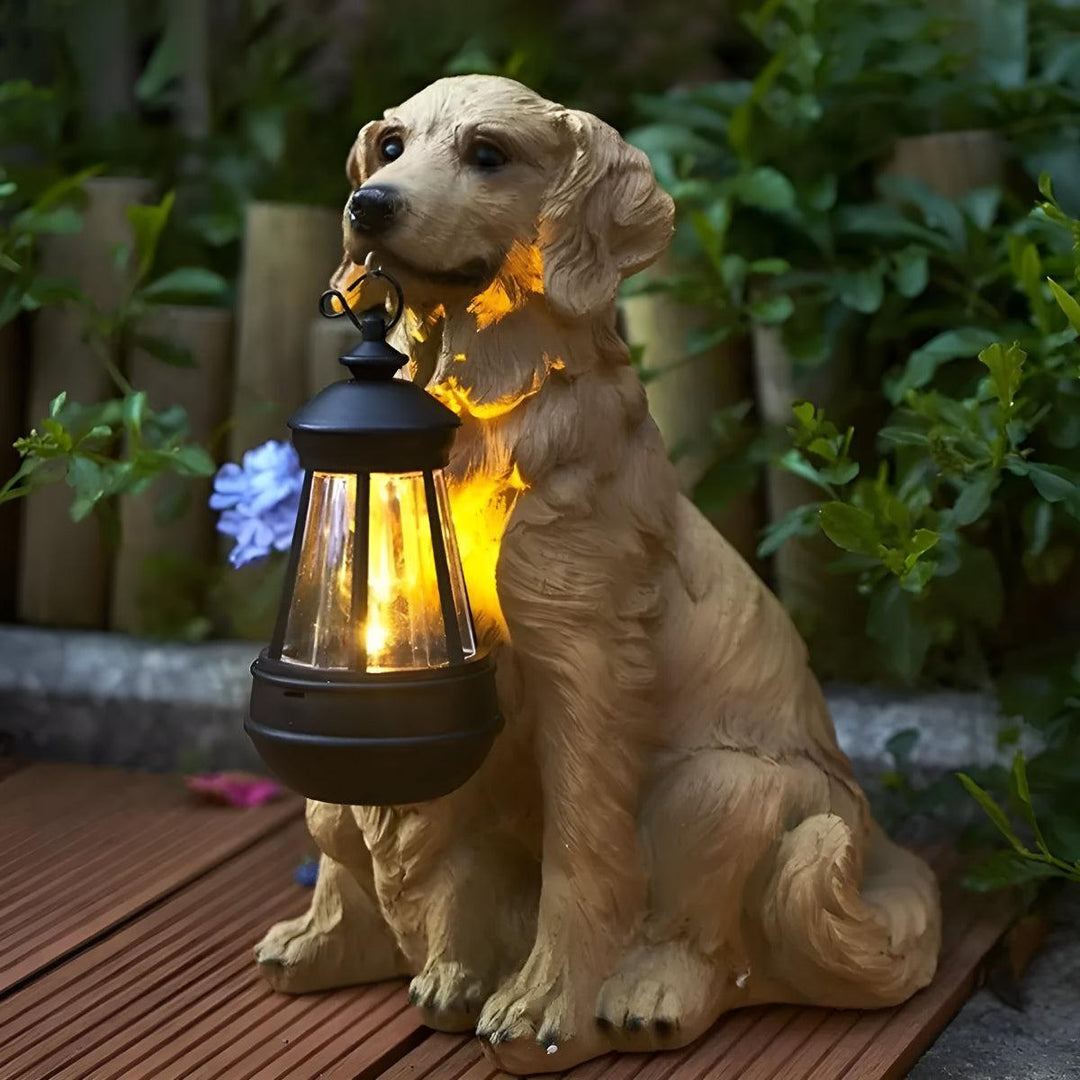 Dog Garden Statue With Solar Powered Lantern Light