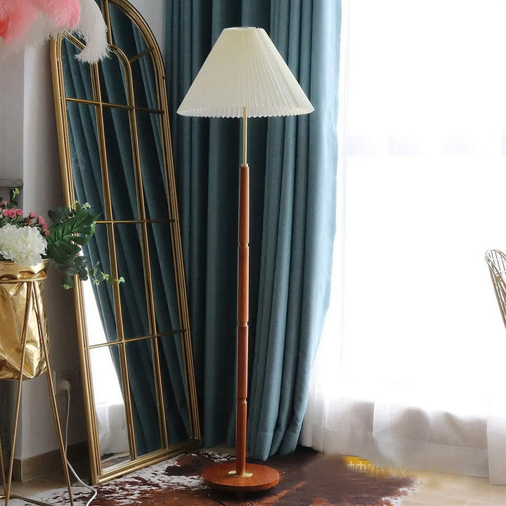 Mid Century Wooden Floor Lamp With Pleated Shade