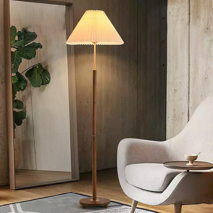 Mid Century Wooden Floor Lamp With Pleated Shade