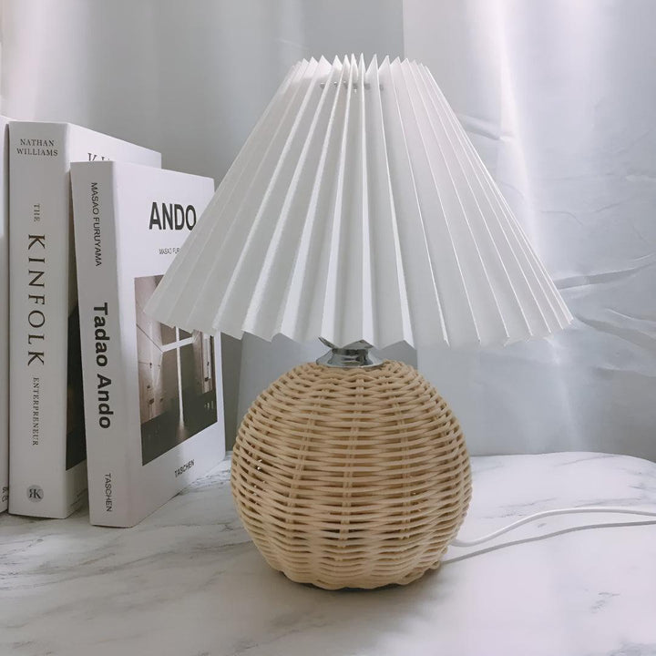 Rattan Table Lamp With Pleated Shade And Textured Base