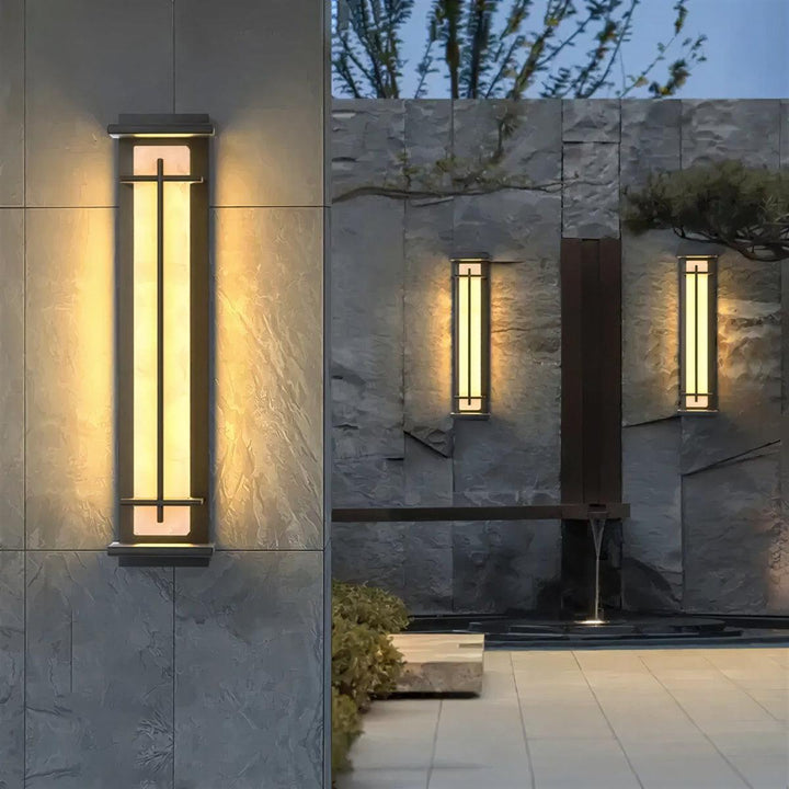 Vertical Exterior Alabaster Wall Sconce Light With Modern Architectural Cage