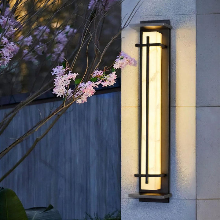Vertical Exterior Alabaster Wall Sconce Light With Modern Architectural Cage
