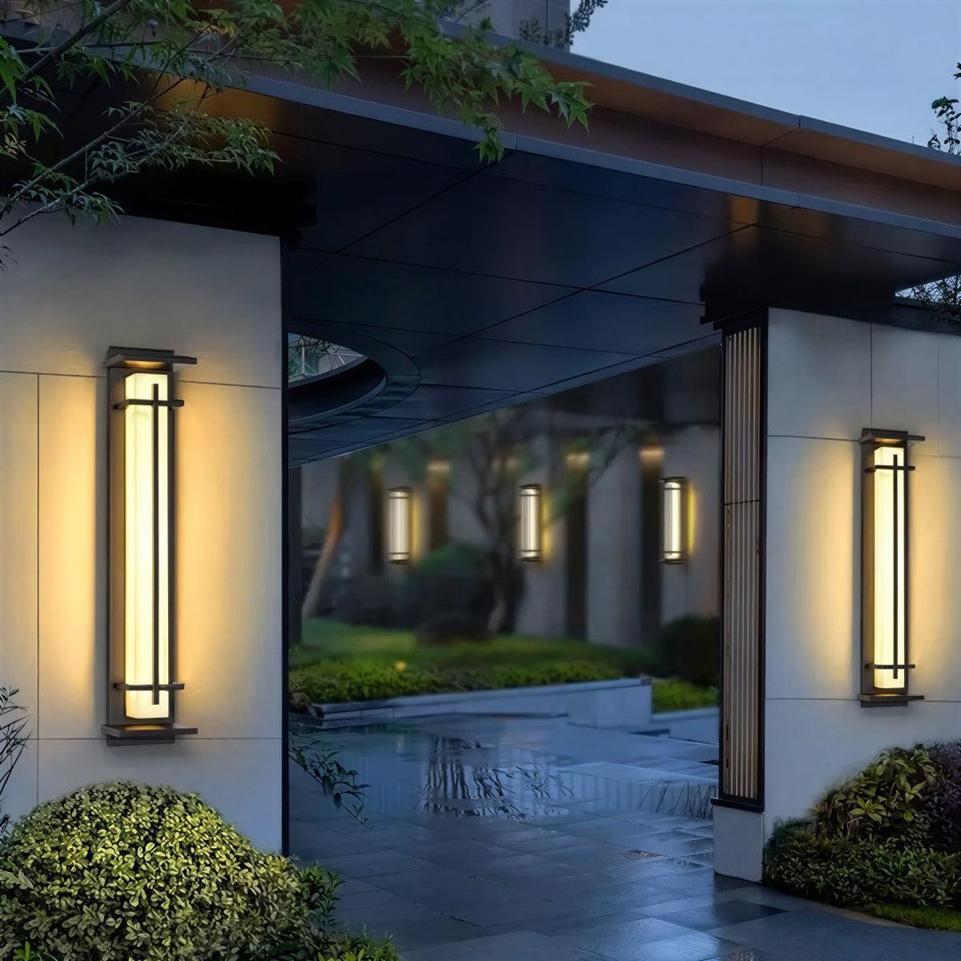 Vertical Exterior Alabaster Wall Sconce Light With Modern Architectural Cage