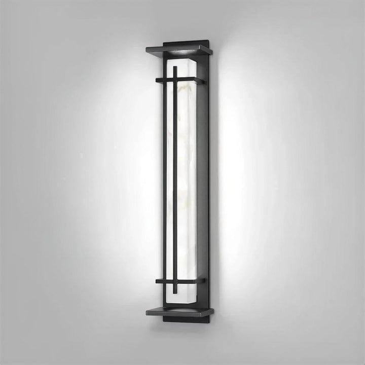 Vertical Exterior Alabaster Wall Sconce Light With Modern Architectural Cage